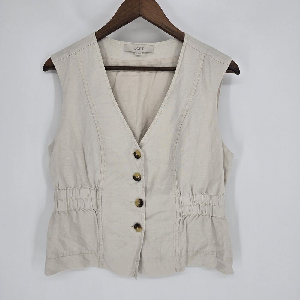 Loft Linen Blend Vest Medium Button Front Waistcoat Layering Light Casual